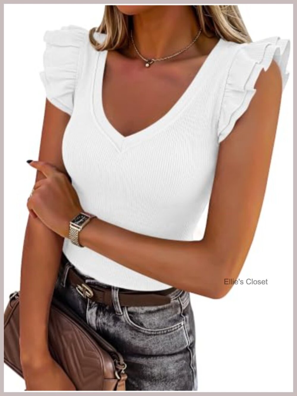 Women's Ribbed Knit V-Neck Ruffle Sleeve Tank Top